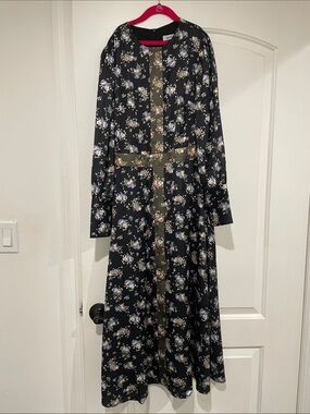 Floral Black Maxi Dress with Olive Trim by
